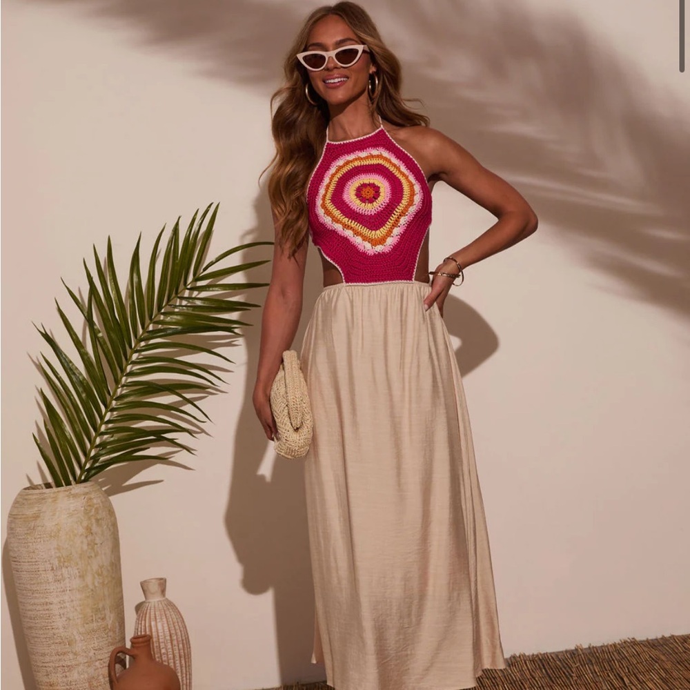 Pink and Cream Halter Crochet Maxi Dress